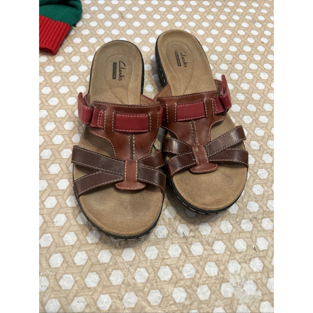 Clarks Brown and Red Leather Sandals Women's Size 7.5M Slip On Shoes